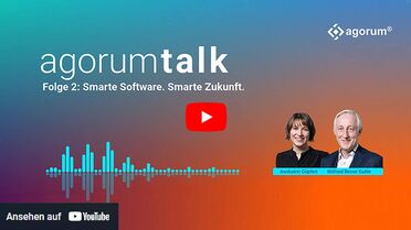Podcast agorum talk Folge 2 zeigt Annkatrin Goepfert und Wilfried Reiner Guhle, die über smarte Softwarelösungen und deren Bedeutung für die Zukunft der Unternehmen sprechen.
