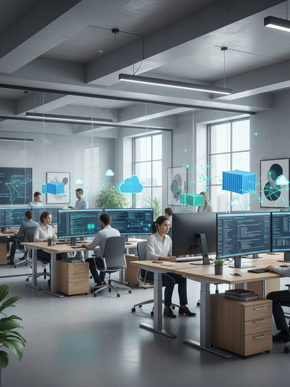 Modernes Softwareentwicklungsbüro mit Team und Virtualisierungstechnologie