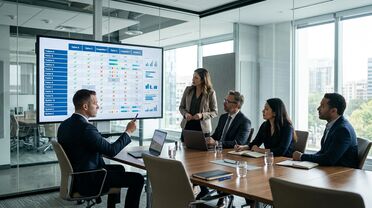 Führungsteam analysiert KI-Plattform-Vergleichsmatrix im Boardroom