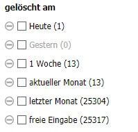 Filteroptionen im Serverpapierkorb zeigen Auswahlmöglichkeiten wie Heute, Gestern, 1 Woche, aktueller Monat, letzter Monat und freie Eingabe.