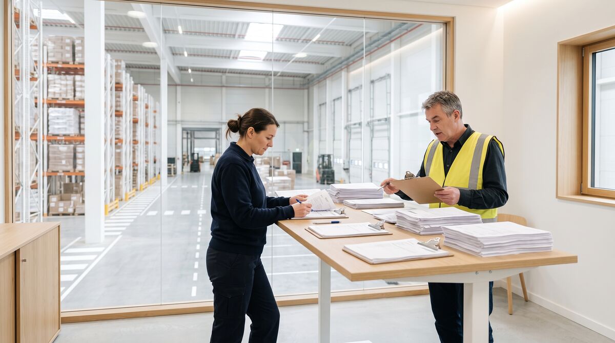 Zwei Personen vergleichen Frachtpapiere in einem Lagerbüro