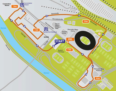 Laufstrecke des B2Run Firmenlaufs in Bad Cannstatt, die am Cannstatter Wasen, der Mercedes-Benz Arena, der Porsche-Arena und dem Mercedes-Benz Museum vorbeiführt.
