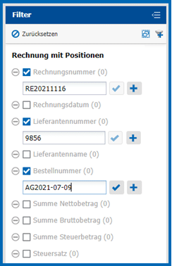 Metadatenfilter im Dokumentenmanagement-System zeigt Filteroptionen wie Rechnungsnummer, Lieferantennummer und Bestellnummer.