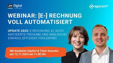 Webinar-Poster zeigt Ankündigung für voll automatisierte E-Rechnung mit KI und automatischen Freigabeprozessen von ACP und agorum.