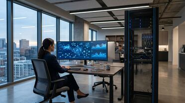 Modernes Büro mit Bildschirm voller blauer Datenströme und schlankem Server-Rack als Sinnbild für Datensouveränität