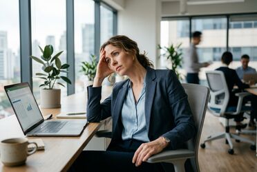 Mitarbeiter lehnt sich nachdenklich vom Laptop zurück, nachdem eine KI-Anfrage nicht wie erwartet funktioniert hat