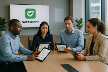 Modernes Besprechungszimmer, Team prüft Checklisten auf Tablets, automatisierte Benachrichtigungen im Hintergrund, hochwertige Office-Einrichtung