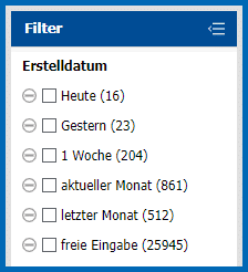 Filtermenü im Dokumentenmanagement-System zeigt Optionen für Erstellungsdatum: Heute, Gestern, 1 Woche, aktueller Monat, letzter Monat, und freie Eingabe.