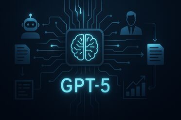 Teaserbild: GPT-5 und ALBERT | AI im Unternehmenskontext – KI-Agenten, Datenflüsse, Automatisierung, dunkler Business-Stil