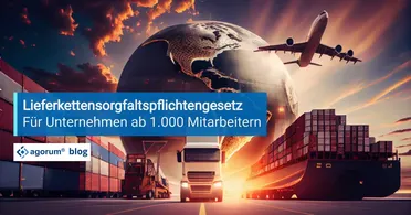 Frachtschiff, LKW und Flugzeug symbolisieren die Einhaltung der Sorgfaltspflicht in der Lieferkette. Digitalisieren Sie Ihre Geschäftsprozesse!