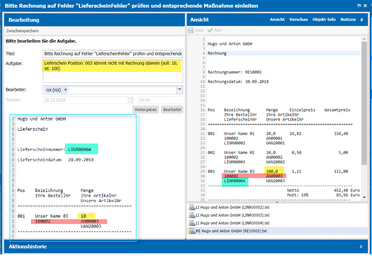 Bildschirmansicht zeigt den Abgleich einer Rechnung mit einem Lieferschein in einem Dokumentenmanagement-System. Unterschiedliche Positionen sind farblich markiert.