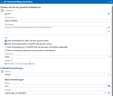 Screenshot der gpt-oss Modell-Konfiguration in ALBERT | AI mit Ollama Integration
