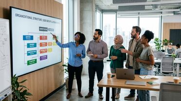 IT-Team arbeitet gemeinsam an Organisationsstruktur mit Benutzergruppen und Berechtigungen auf großem Bildschirm