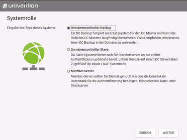 Bild zeigt die Auswahl der Systemrolle im Univention Corporate Server (UCS) mit Optionen wie Domänencontroller Backup, Slave und Member-Server.