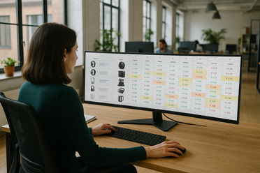 E-Commerce-Managerin analysiert Preisvergleiche an ultrabreitem Monitor, offene Office-Atmosphäre, Tageslicht