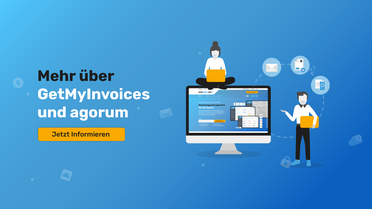Illustration zeigt eine Person, die auf einem großen Monitor arbeitet, der das Rechnungsmanagement von GetMyInvoices und agorum anzeigt. Eine weitere Person präsentiert Dokumente. Symbole für E-Mail, Dokumentenarchivierung und Sicherheit sind im Hintergru