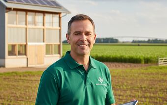 Landwirtschaftsberater mit Tablet vor modernem Hofgebäude