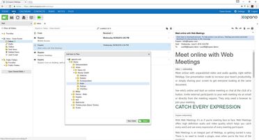 Kopano Groupware zeigt eine Integration mit dem Dokumentenmanagement-System (DMS) über WebDAV, wobei Benutzer Dokumente aus dem DMS an E-Mails anhängen können.