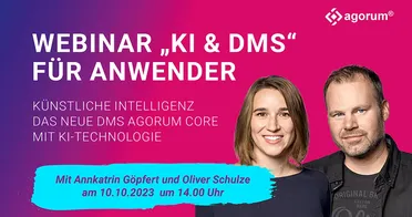 Annkatrin Göpfert und Oliver Schulze präsentieren ein Webinar zum Thema KI-gestütztes Dokumentenmanagement. Digitalisierung und Geschäftsprozesse im Fokus.