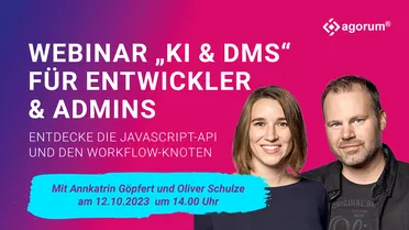 Annkatrin Göpfert und Oliver Schulze präsentieren KI und DMS Webinar für Entwickler. Vorstellung von JavaScript API und Workflow Knoten. KI-gestützte Geschäftsprozesse digitalisieren mit Open Source DMS.