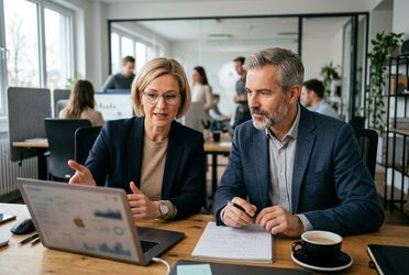 Zwei Entscheider besprechen im Büro die Wissensbasis als Fundament für KI im Unternehmen