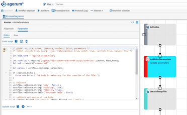 Screenshot zeigt den agorum core Prozess, in dem JavaScript-Code verwendet wird, um Parameter in einem Workflow zu validieren.