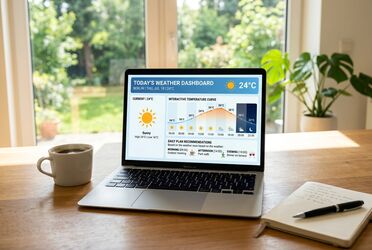 Interaktives KI-generiertes Widget mit Temperaturkurve und Tagesplan auf einem Laptop-Bildschirm
