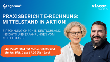 Webinar-Poster zeigt Nicole Gekeler und Berkan Biliktü, die über die E-Rechnungspflicht im Mittelstand sprechen.