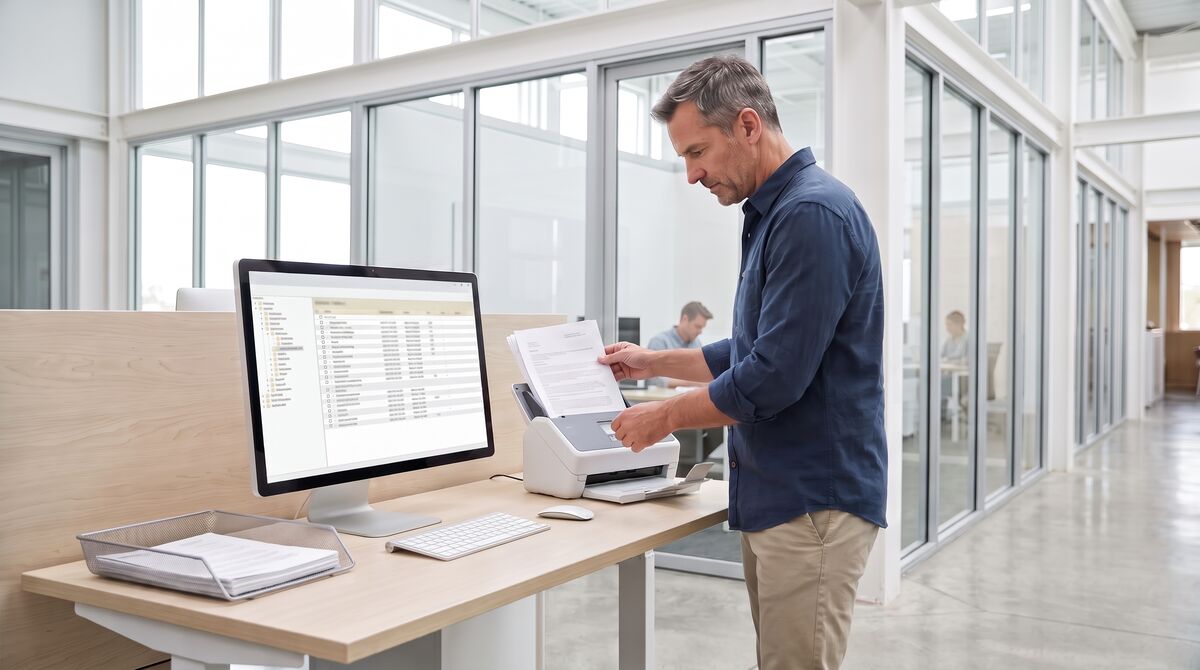 Person legt Formulare in einen Dokumentenscanner ein