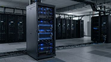 Moderner Serverraum mit kompaktem KI-Server-Rack und blauen LED-Statusanzeigen für lokalen Betrieb