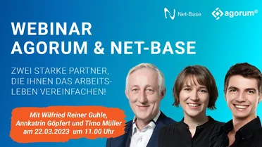 Drei Speaker präsentieren das Open Source DMS agorum core mit dem Partner Net-Base beim Webinar am 22. März 2024 um 11 Uhr