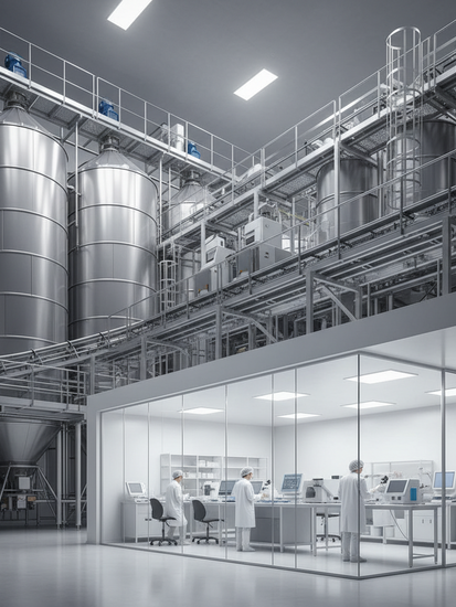 Moderne Futtermittelproduktionsanlage mit Silos und Qualitätskontrolle
