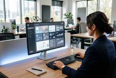 Person richtet am Monitor KI-Tools in einer Software-Oberfläche ein, konzentrierte Arbeitssituation im Büro