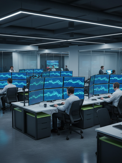 Modernes Trading Floor mit Finanzanalysen