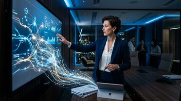 ROI und Automatisierung durch KI im Mittelstand – Führungskraft analysiert KPI-Dashboard