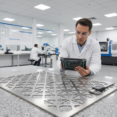 Ingenieur mit Tablet bei der digitalen Qualitätsprüfung von Blechteilen