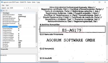 Bildschirmfoto zeigt das agorum core OCR-Tuner-Tool, das für die Texterkennung eines Fahrzeugscheins optimiert wird.