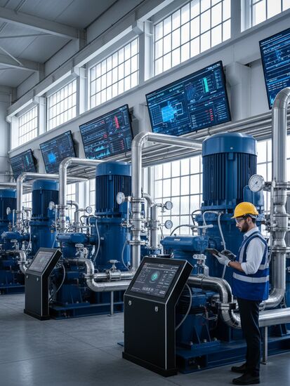 Moderne Pumpen- und Kompressoranlage mit digitaler Überwachung