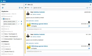 Screenshot der Volltextsuche in einem Open Source DMS, durchgeführt von Sabrina Jonientz, zeigt Notizen zu agorum core.