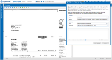 Bildschirmfoto zeigt die Auswahl des Dokumententyps in der DocForm-Oberfläche des Dokumentenmanagementsystems, hier wird eine Eingangsrechnung von GRAVIS Computervertriebsgesellschaft m.b.H. ausgewählt.