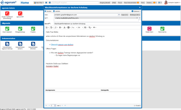 Dashboard des Dokumentenmanagement-Systems zeigt eine E-Mail mit Informationen zur docform Schulung, die von Annkatrin Goepfert an Marta Mueller gesendet wurde.
