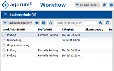 Screenshot zeigt den Rechnungsprozess im Dokumentenmanagement-System (DMS) mit Workflow-Schritten wie Prüfung, Buchhaltung, Gruppenzuordnung und Prüfung sowie Details zu Fälligkeit und Skontobetrag.