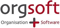 Das Logo von OrgSoft GmbH zeigt 'orgsoft' in Grau und Rot, darunter 'Organisation + Software'.