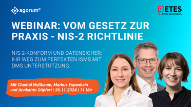 Webinar-Poster zeigt Experten Chantal Nussbaum, Markus Espenhain und Annkatrin Goepfert zur NIS-2 Richtlinie und ISMS mit DMS-Unterstützung.