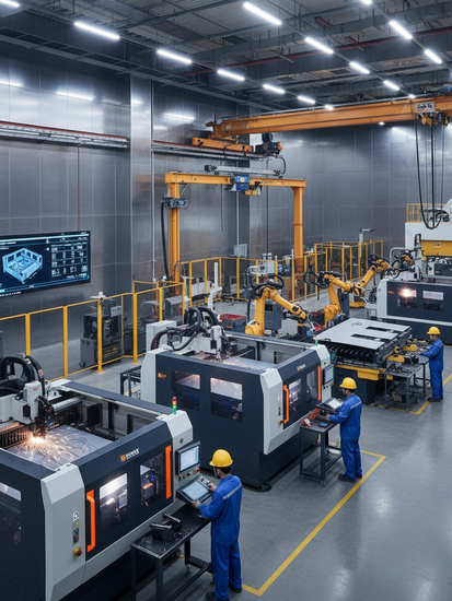 Moderne Blechbearbeitungsanlage mit Laserschneidmaschinen und CNC-Steuerung
