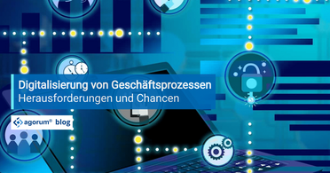 Grafik zeigt die Digitalisierung von Geschäftsprozessen mit Symbolen für Zeitmanagement, Sicherheit und Automatisierung.