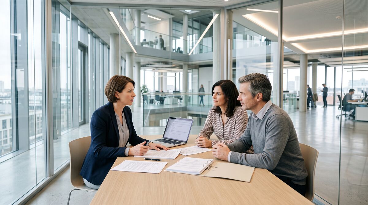 Beraterin und Paar sitzen mit Finanzierungsunterlagen an einem Besprechungstisch in einem hellen, modernen Büro