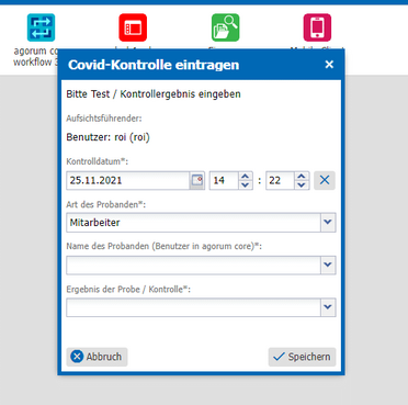 Formular in agorum core zeigt die Eingabe der Covid-Kontrolle mit Datum, Uhrzeit, Probandentyp und Ergebnis für Mitarbeiter.