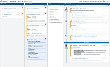 Das Dashboard des Dokumentenmanagement-Systems zeigt den elektronischen Posteingang mit Projektdokumenten, E-Mails und Aufgabenübersicht.
