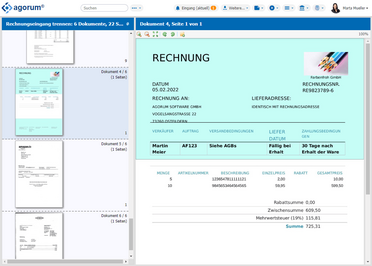 Dokumentenmanagement-System agorum core docform trennt automatisch mehrere Dokumente wie Rechnungen und Lieferscheine beim Scannen.